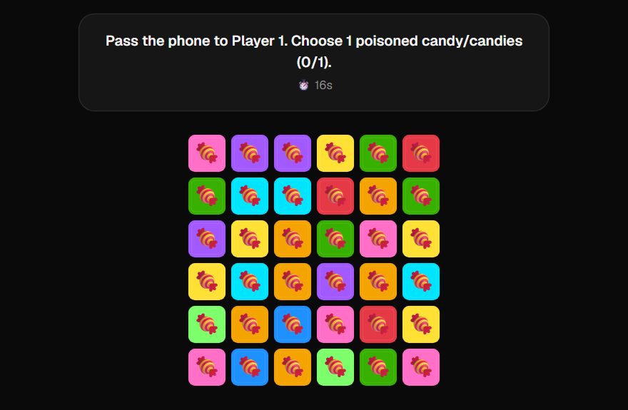 A 6 by 6 board of colored candy tiles while a player chooses where to hide the poison.