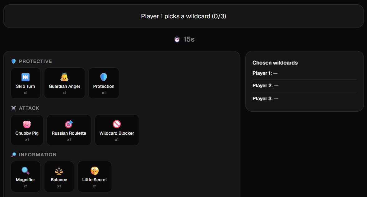 The wildcard shop, with fifteen wildcards grouped as protective, attack, information, interaction and strategic.