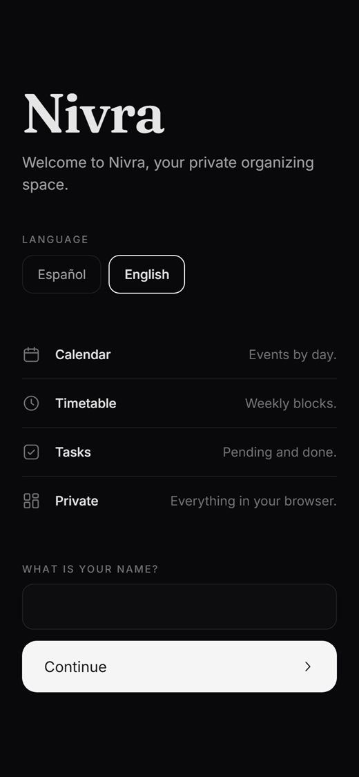 The Nivra welcome screen on a phone, listing calendar, timetable, tasks and private.