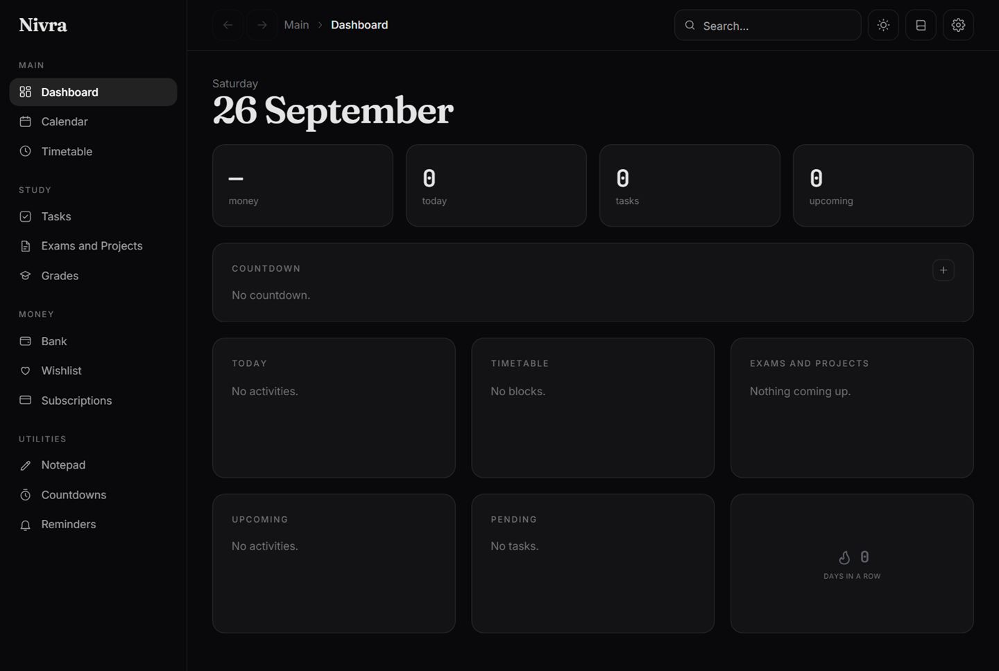 The Nivra dashboard in dark mode, with the sidebar sections and today's date as the heading.