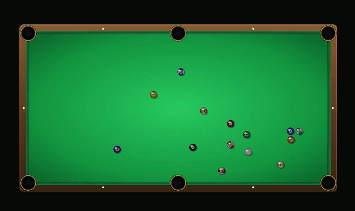 A game of Pool in progress: the green table seen from above, with the shot and potted counters at the top.